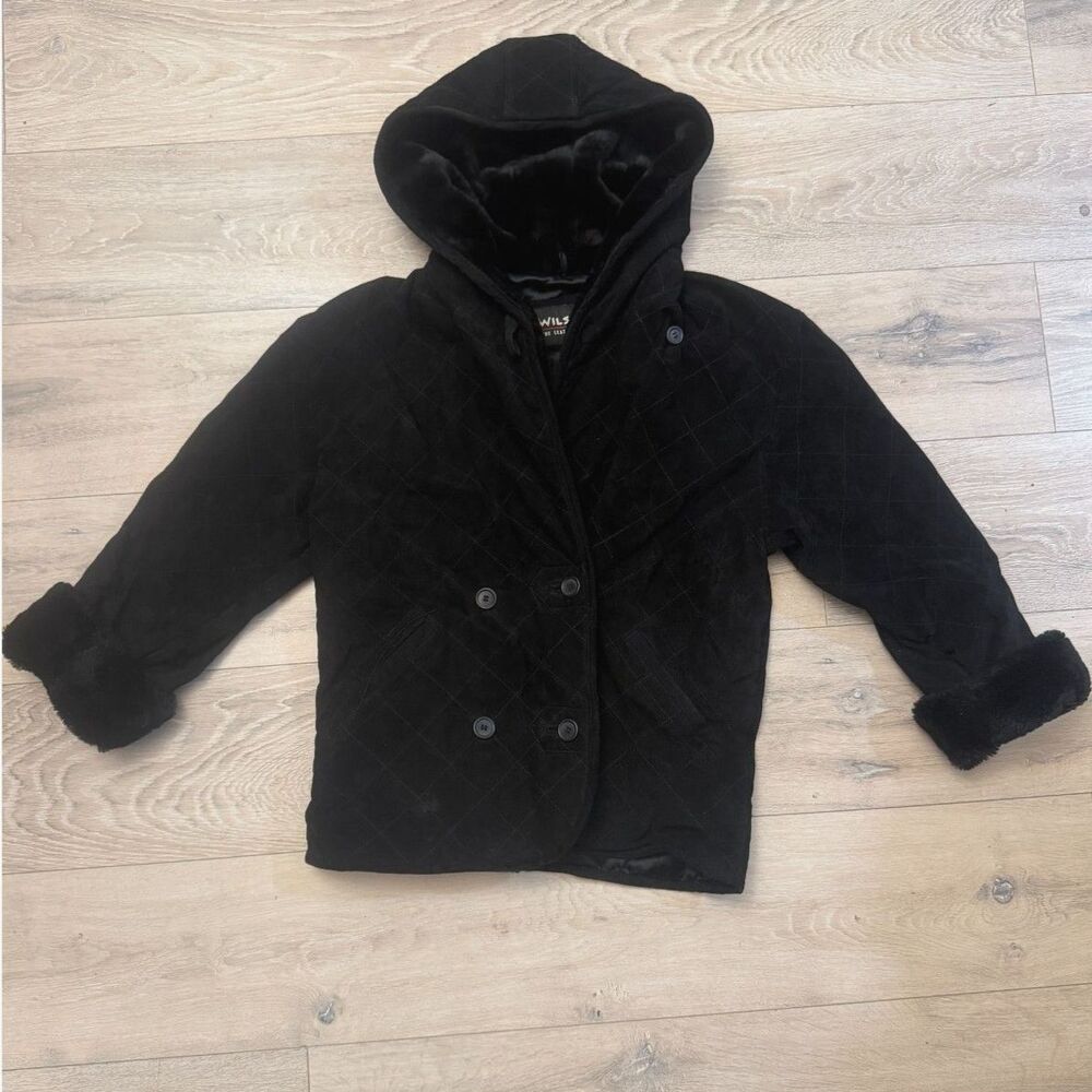 Y2K Wilsons Leather Black Faux Shearling Hooded Coat XS Quilted Suede Jacket‎
